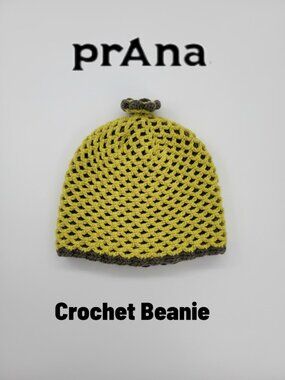 prAna Crochet Knit Beanie Lime Green Brown Stretch Hat Boho Slouchy Cap OS